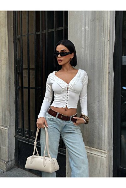 NEW JOURNAL Women's White Ruffle Detailed Buttoned Stylish Blouse Yel221772