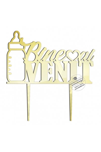 Decoratiuni Dulci Baby bottle cake topper with the text Welcome - Mirror gold