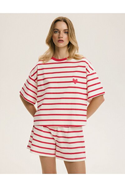 ESOTIQ BLOOVII Women's Pajamas Set Oversize T-Shirt & Shorts Striped & Cute H...