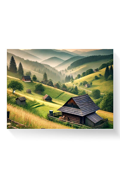 Printees Tablou - Sat de munte cu case de lemn - Canvas pe șasiu