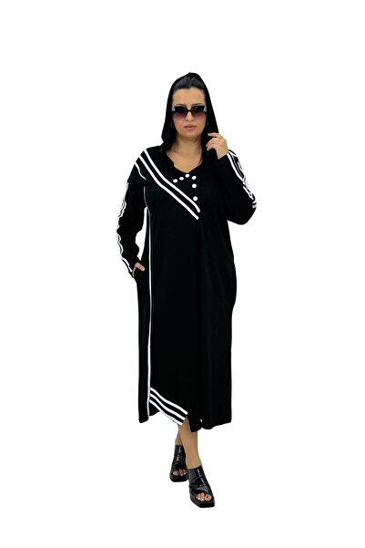 DARKWIN Plus Size Hooded Stripe Detailed Long Sleeve V-Neck Pocket Long Women...