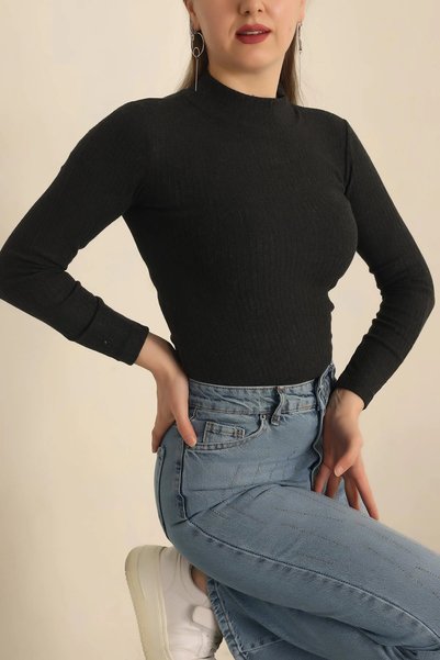 Aslında Look Women's Corded Fabric Knitwear Flexible Long Sleeve Body Blouse (Bady) 2-Piece Product Black - White