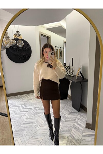 CKBUTİK Marka Model Kahve Yırtmaçlı Şort Etek