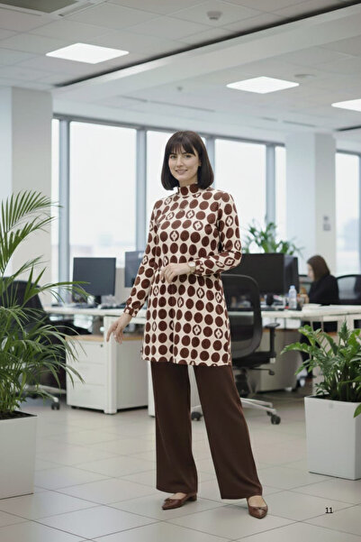 SHE BEST Brown Viscose Slit Geometric Patterned Tunik with Gathered Hem on th...