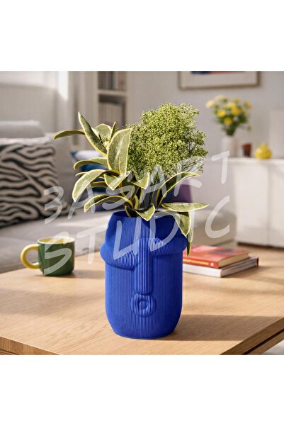 Basart Soyut İnsan Yüzü Tasarımlı Kırmızı Vazo - 3D Baskı Sanatsal Obje