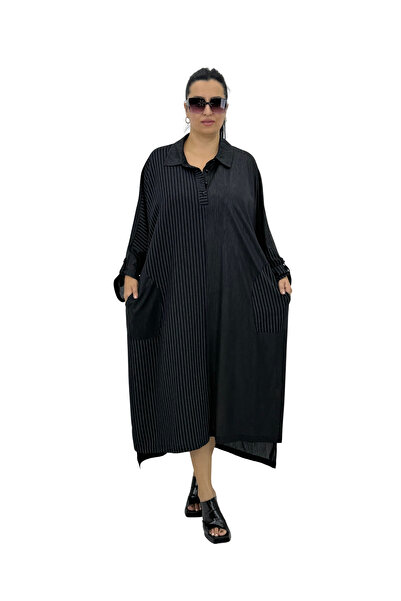 AY-SEL Plus Size Transparent Detailed Capri Sleeve Collared Striped Pocketed ...