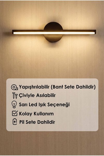 Postifull Led Aplik, Kablosuz, Pilli ve Çift Taraflı Yapışkanlı - Sarı Işık
