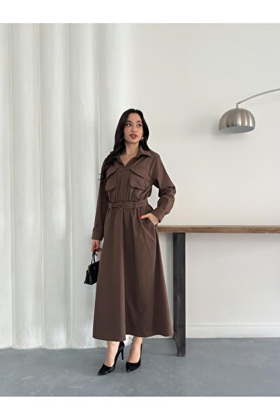 Nazline Women's Elastic Belted Maxi Dress with Flap Pockets