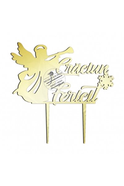 Decoratiuni Dulci Topper Craciun fericit cu ingeras - Auriu oglinda