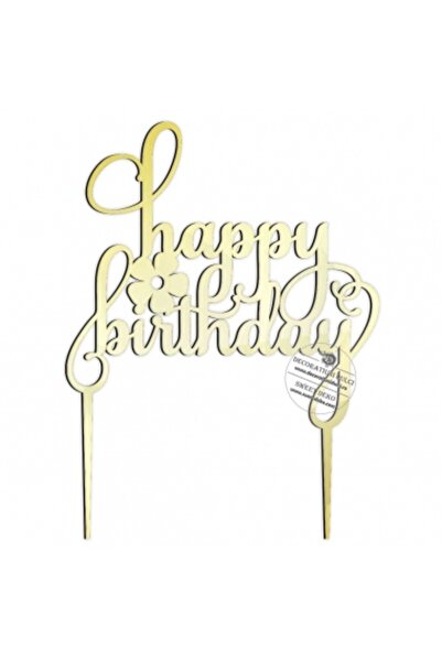 Decoratiuni Dulci Topper Happy Birthday cu floricica - Auriu oglinda