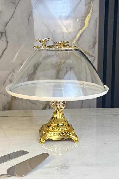 MAY HOME Gold Footed Porcelain Plate with Glass Lid for Cakes