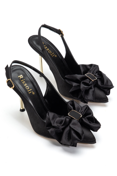 RİSSOLİ Women's Black Satin Bowknot Buckle Detailed Open Back Pointed Toe Sti...
