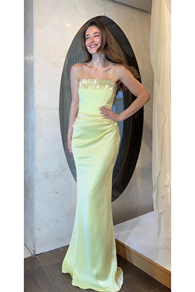 SpringStore Sarı Yakası İşlemeli Üstü Krep Altı Saten Abiye