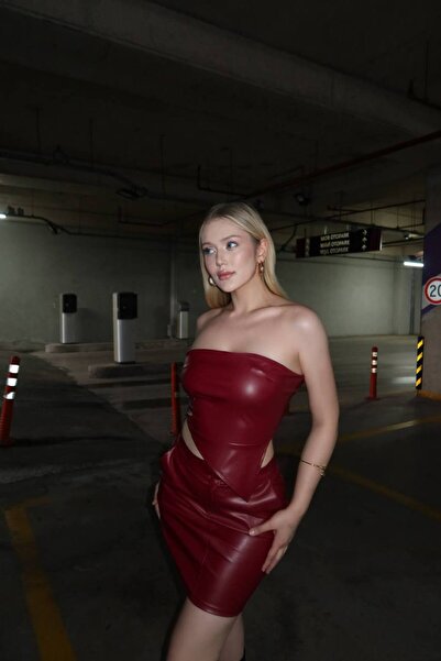 NEW JOURNAL Γυναικείο Σετ Μπουστιέρα-Φούστα Βουργουνδίας Τεχνητό δέρμα YEL221759