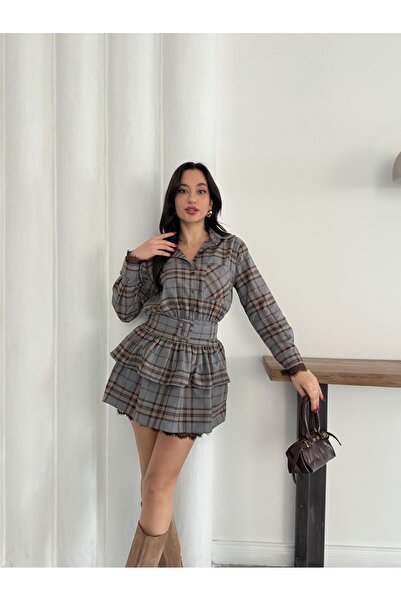 Nazline Women's Lace Detail Plaid Pattern Belted Dress