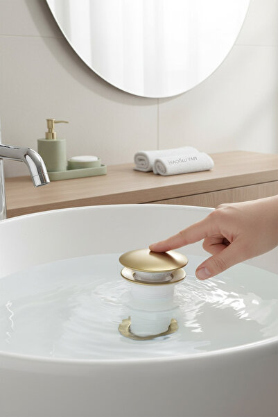 İSAOĞLU YAPI Lavabo Sifonu Mat Altın Bas Bırak Sistem Lavabo Ortası Gider Sif...