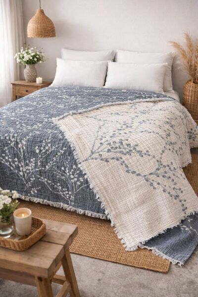 VERONİCA LİNE Müslin Yatak Örtüsü Pike 220x240 – %100 Pamuk, Bohem Püsküllü Ç...