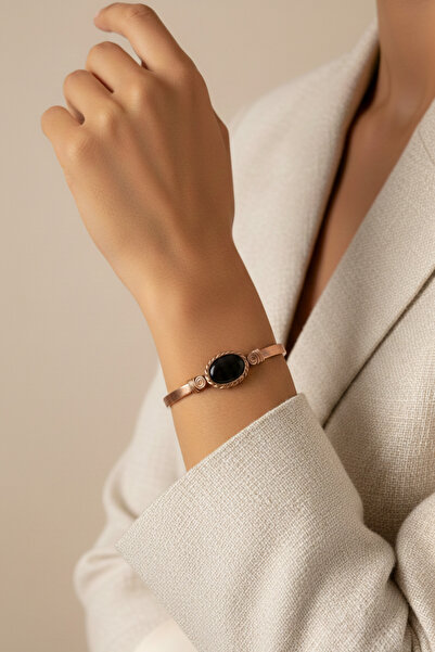 Süspüs Accessories سوار نحاسي مسطح مرصع بحجر أونيكس