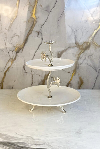 MAY HOME طبق بورسلين مكون من طبقتين مزين بفراشة من الفضة والماس عيار حواف أسط...