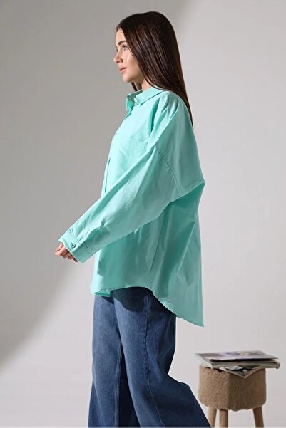 GÖMLEKÇİNİZ Poplin Fabric Oversized Cut Women's Shirt-Water Green