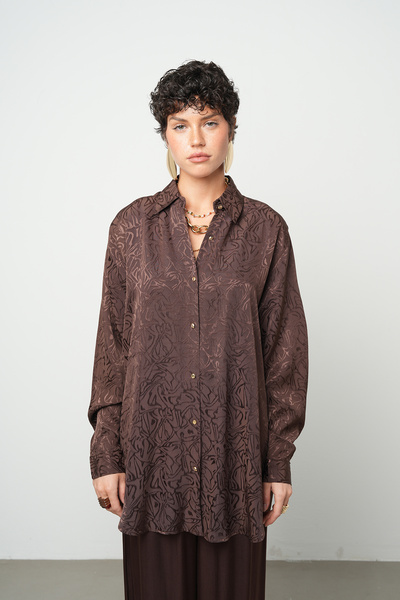 Orfeo Negro Women's Brown Ethnic Patterned Viscose Blended Oversized Shirt