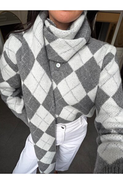 BOLESA GİYİM Gri-Kemik Triko Atkılı Kazak