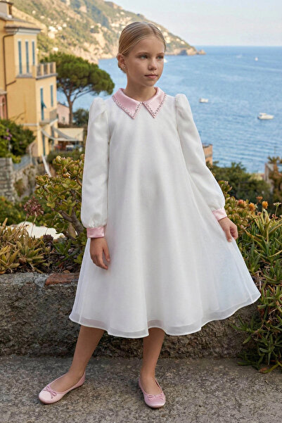 Pamina 8-15 pearl collar stone dress ecru