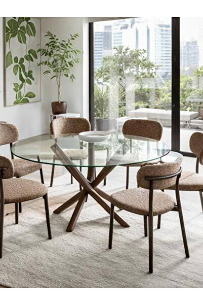 CN Round glass dining table set with 8 brown fabric chairs