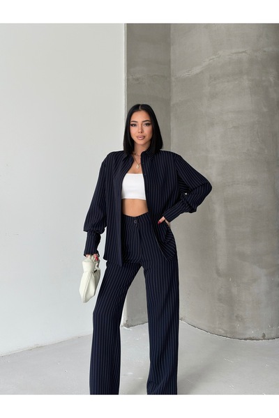 LE CARAMBOLE Women's Navy Blue Striped Oversized Shirt and Pants Set