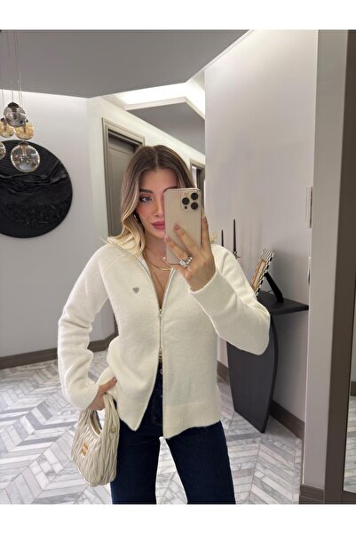 CKBUTİK Ekru Triko Fermuarlı Hırka-1108