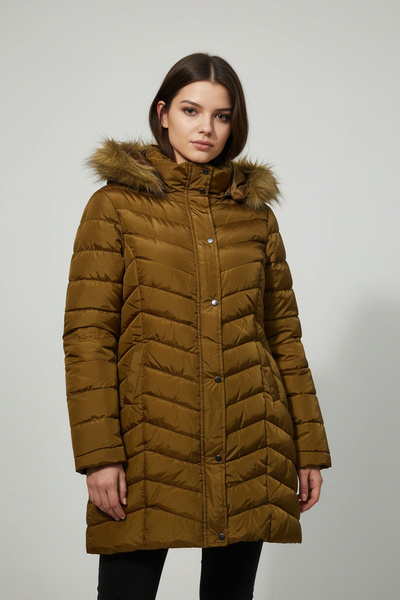 THE WOOW Women's Fur Hooded Ray Patterned Snap Fastener Long Brown Puffer Coat