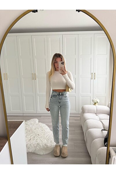 CKBUTİK Yıkamalı Buz Mavi Boyfit Paçası Kesik Jean