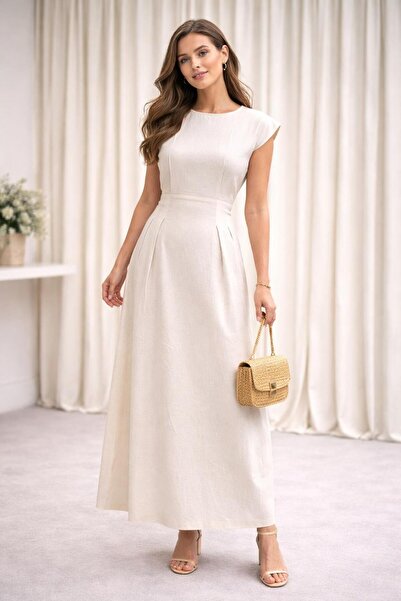 Livedanimel Kadın Ekru Vatkalı Uzun Elbise Mezuniyet Balo Şık Düğün