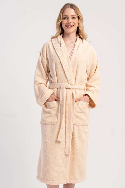 VİENETTA Women's Hooded Belted Beige Bathrobe with Pockets C9T6N8161