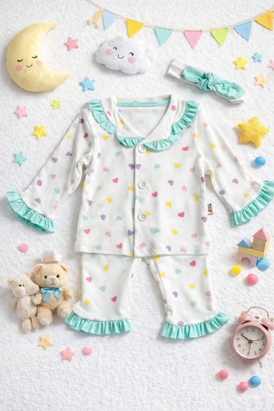 Luna Renkli Kalpli Fırfırlı Kız Bebek Pijama Takımı