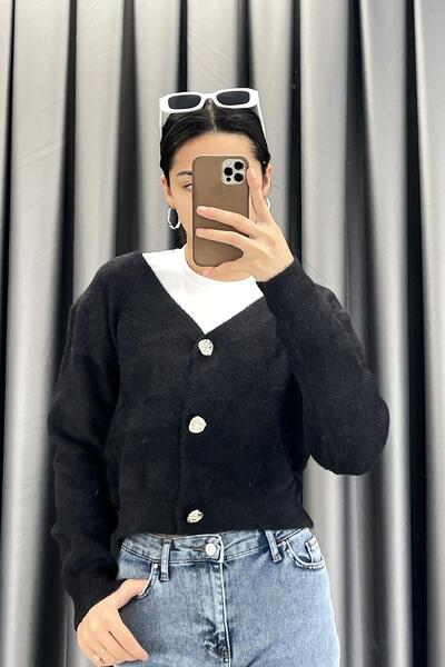 Mistix Gold Button Detail Bearded Knitwear Cardigan - Black Black