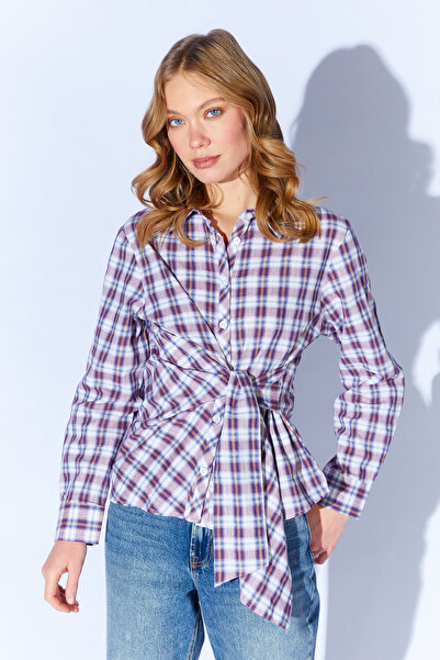 EDITION WOMAN Burgundy Plaid Shirt with Tie Detail |   Ek1001610822