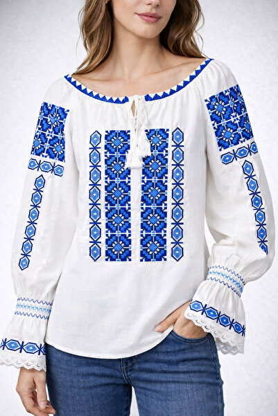 Nobrand Traditional White Shirt with Blue Embroidery – Romanian Folk Shirt
