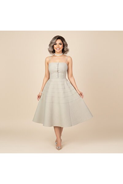 SERA Elegant Champagne Crepe Midi Dress with Crystal Accents