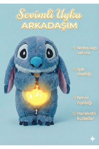 ZİVENTA Nefes Alan Uyku Arkadaşı Stitch Sesli Işıklı Kulakları Hareketli Yumu...