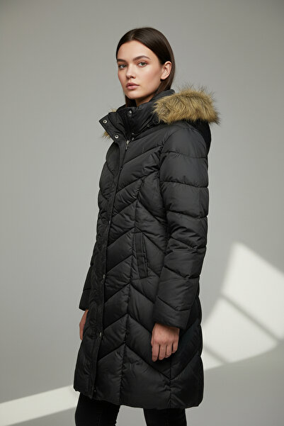 THE WOOW Women's Fur Hooded Ray Patterned Snap Fastener Long Black Inflatable...