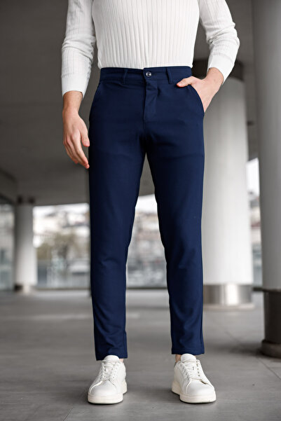Ser Joven Men's Navy Blue Slim Fit Stretch Fabric Plain Fabric Trousers