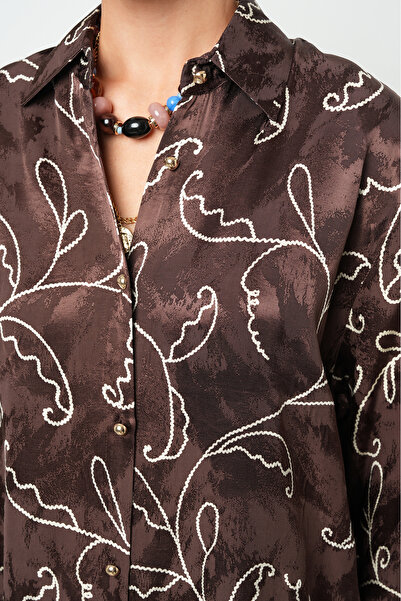 Orfeo Negro Women's Brown Floral Embroidery Look Silky O Oversized Shirt