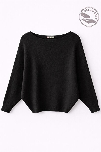 Mixray 7015 Women's Wool Blend Bat Sleeve Soft Texture Knitwear Sweater Black