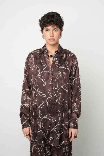 Orfeo Negro Women's Brown Floral Embroidery Look Silky O Oversized Shirt