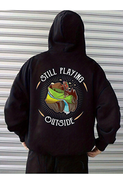 ALEYZA MODA Μαύρο βαμβακερό φούτερ με στάμπα και τσέπες με κουκούλα