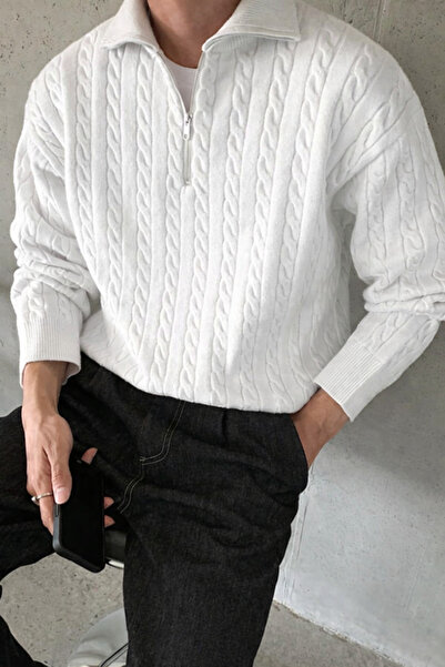 Tarz Cool Men's White Half-Zipper Hair Knit Sweater