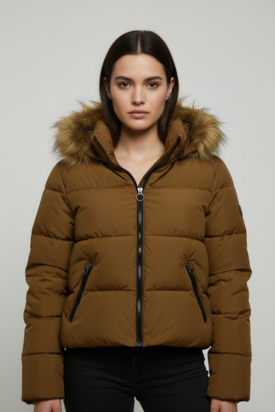 THE WOOW Women's Fur Hooded Brown Short Puffer Coat - Winter, with Pockets