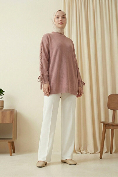 MODAQU Knitted Detailed Knitwear Tunic with Sleeve Detail - Powder