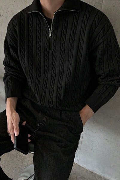 Tarz Cool Men's Black Half Zipper Hair Knit Sweater